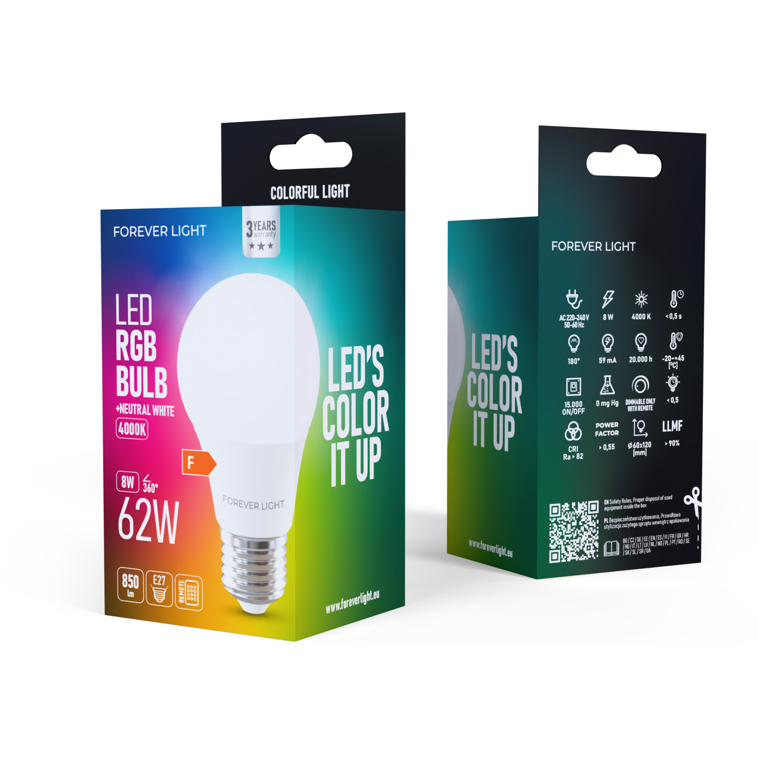 Una scatola di lampadina LED RGB Forever Light. La scatola è bianca e nera, con info prodotto e immagine di lampadina.