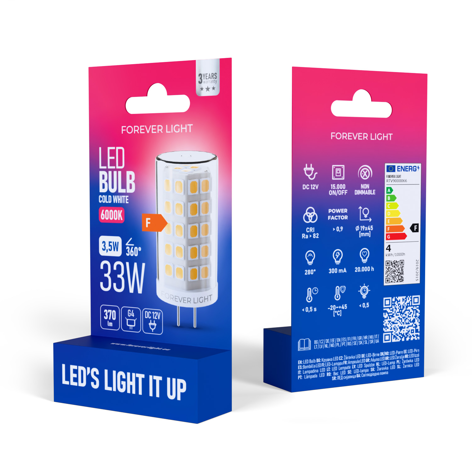 Eine Packung für eine LED-Lampe. Sie zeigt die Lampe, Spezifikationen und den Markennamen 'FOREVER LIGHT'.