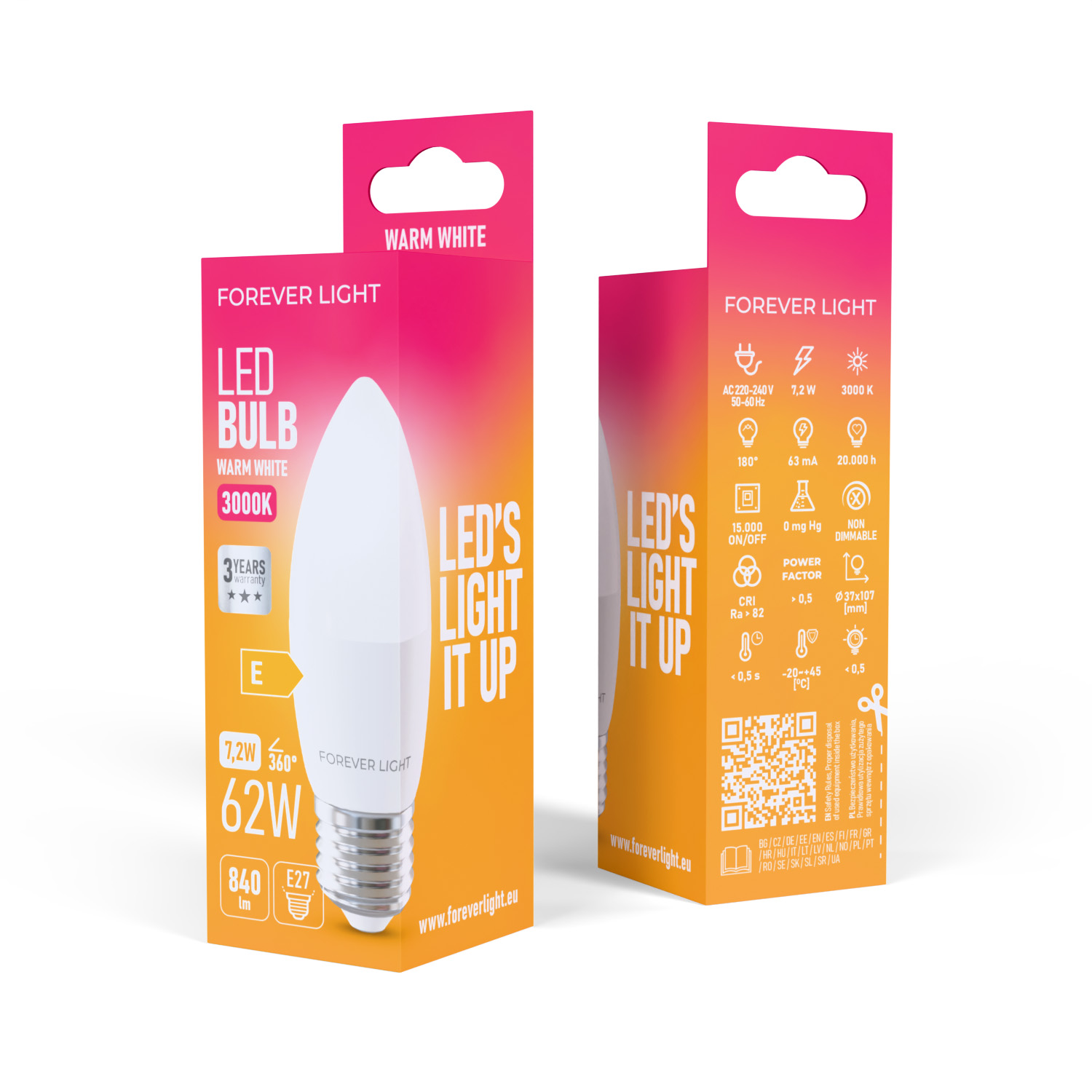 Eine Forever Light LED-Glühbirnenverpackung. Sie zeigt Produktinformationen, einschließlich Wattzahl, Farbtemperatur und QR-Code.