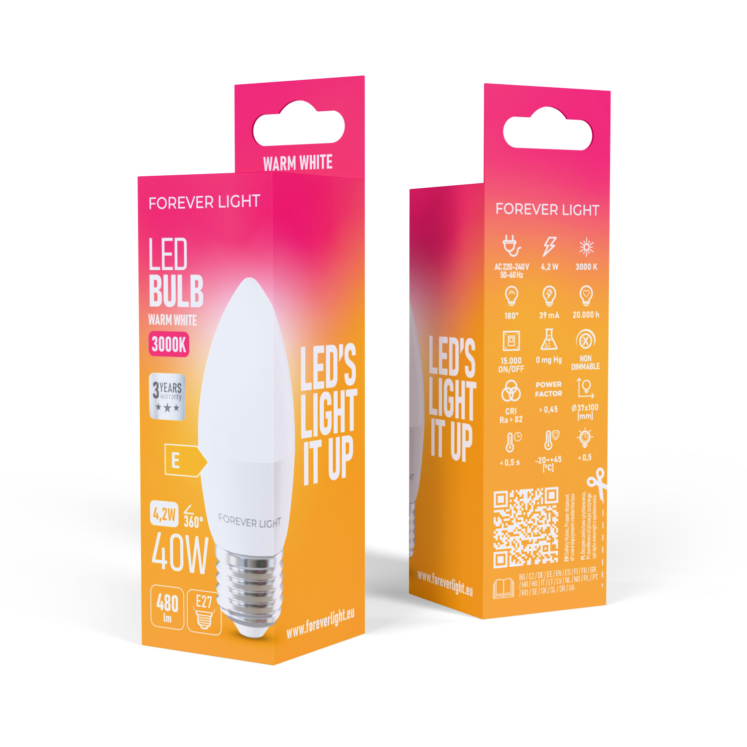Zwei Forever Light LED-Glühbirnenboxen. Eine zeigt die Glühbirnendetails und die andere die technischen Daten.