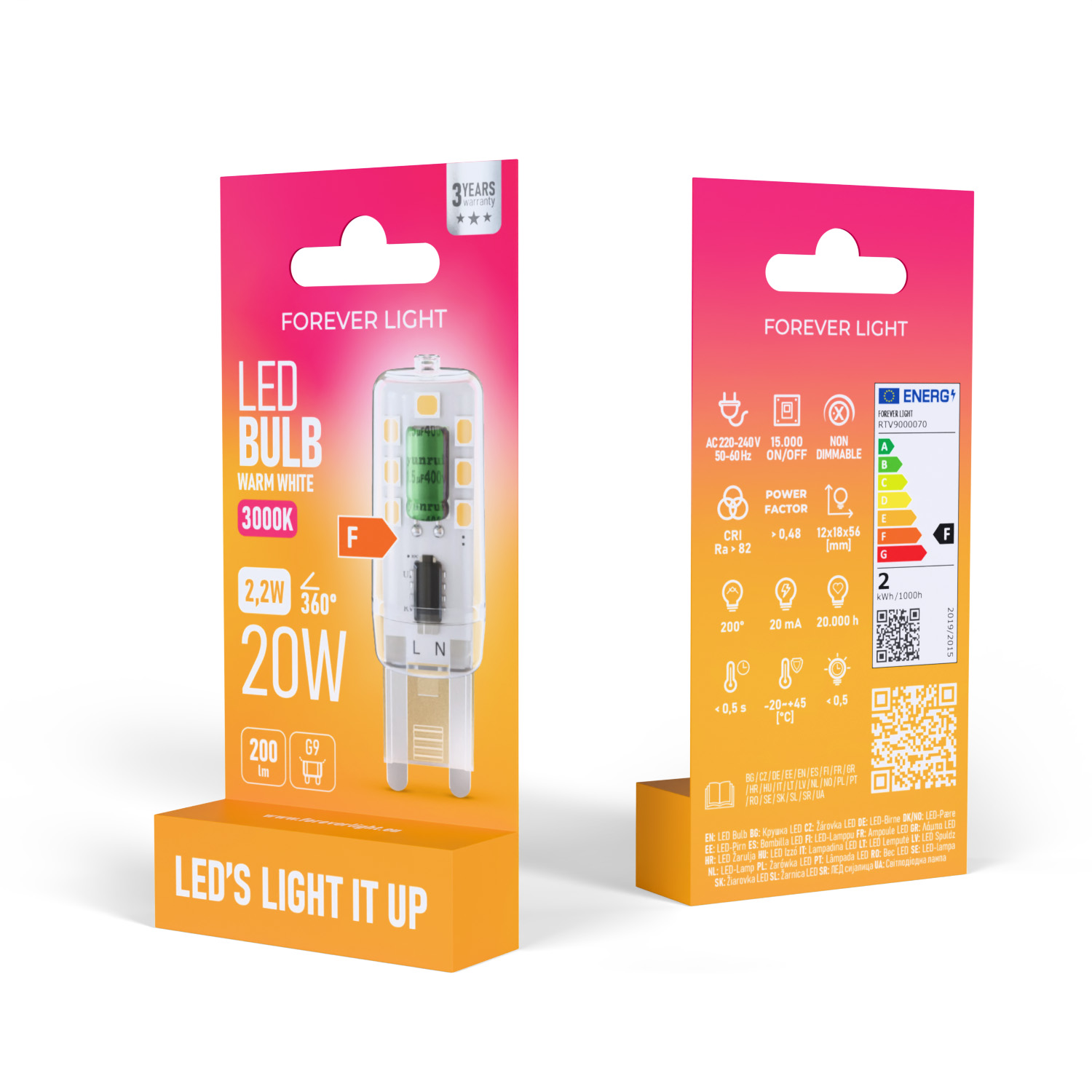 LED-Glühbirnenverpackung. Enthält eine LED-Glühbirne mit Spezifikationen, Energieeffizienzlabel und Produktdetails.
