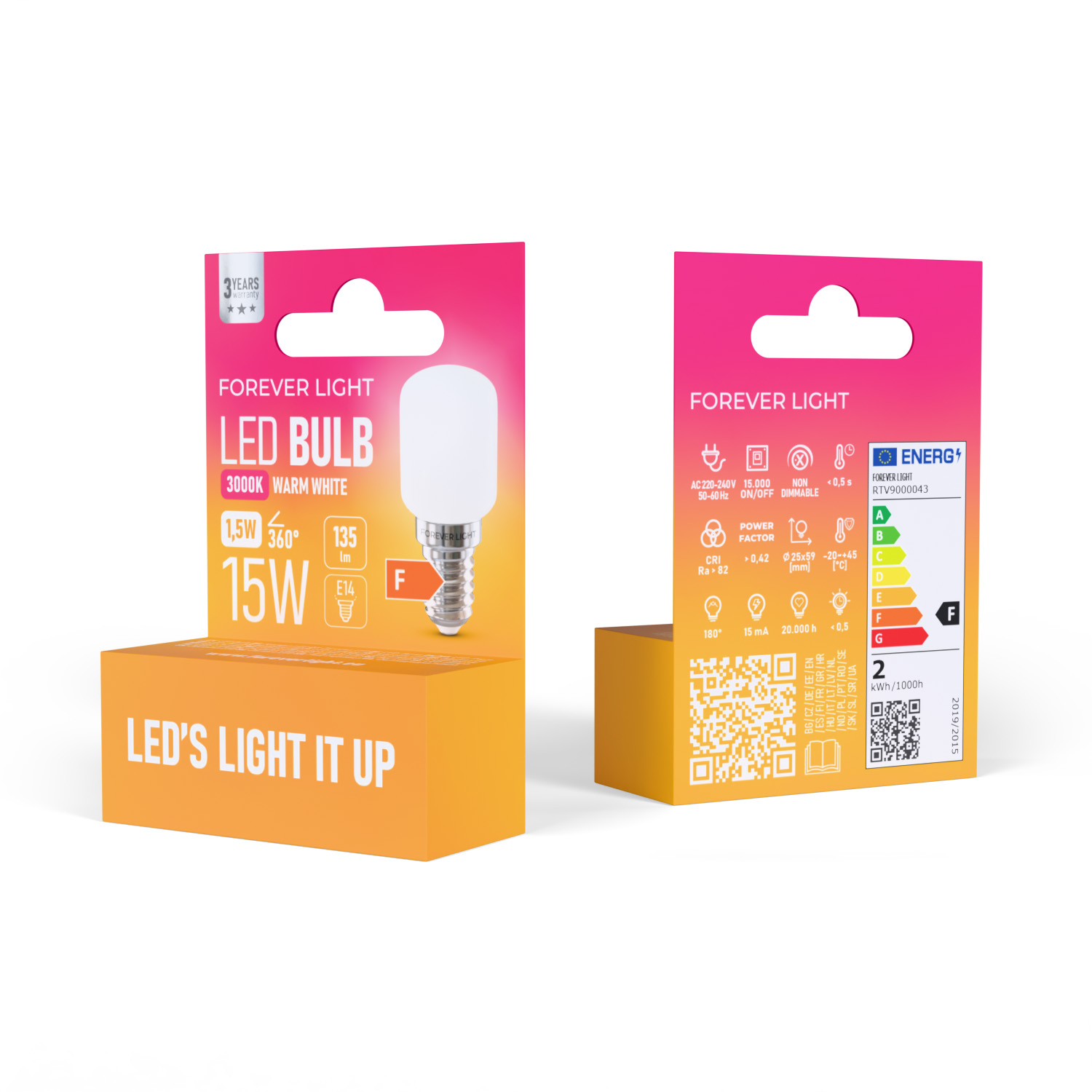 Zwei LED-Glühbirnenboxen. Eine zeigt die Glühbirne. Text enthält 'LED Bulb', '15W' und Informationen zur Energieeffizienz.