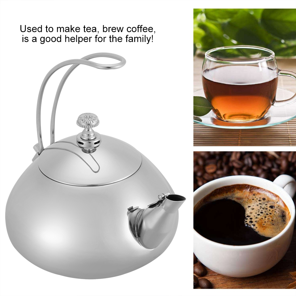 Glänzender silberner Wasserkocher. Tee und Kaffee in Glas und weißer Tasse. Text: Wird verwendet, um Tee zu kochen, Kaffee zu brühen, ist ein guter Helfer für die Familie!