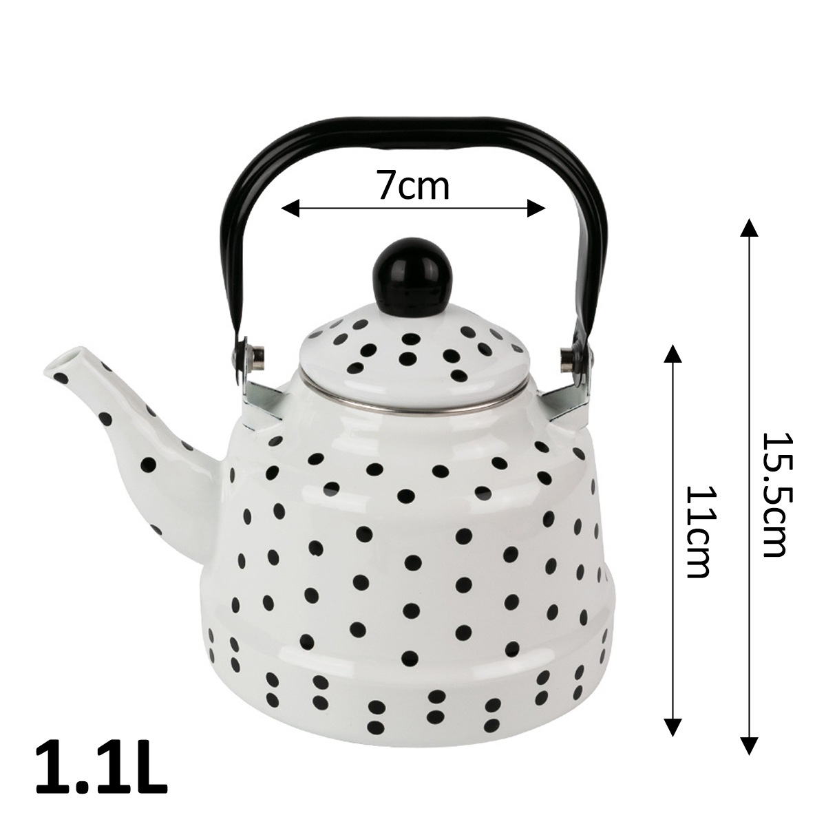 Eine weiße Teekanne mit schwarzen Tupfen, schwarzem Henkel und Deckelknopf. Abmessungen mit Pfeilen: 7cm, 11cm und 15,5cm. Fassungsvermögen: 1,1L.