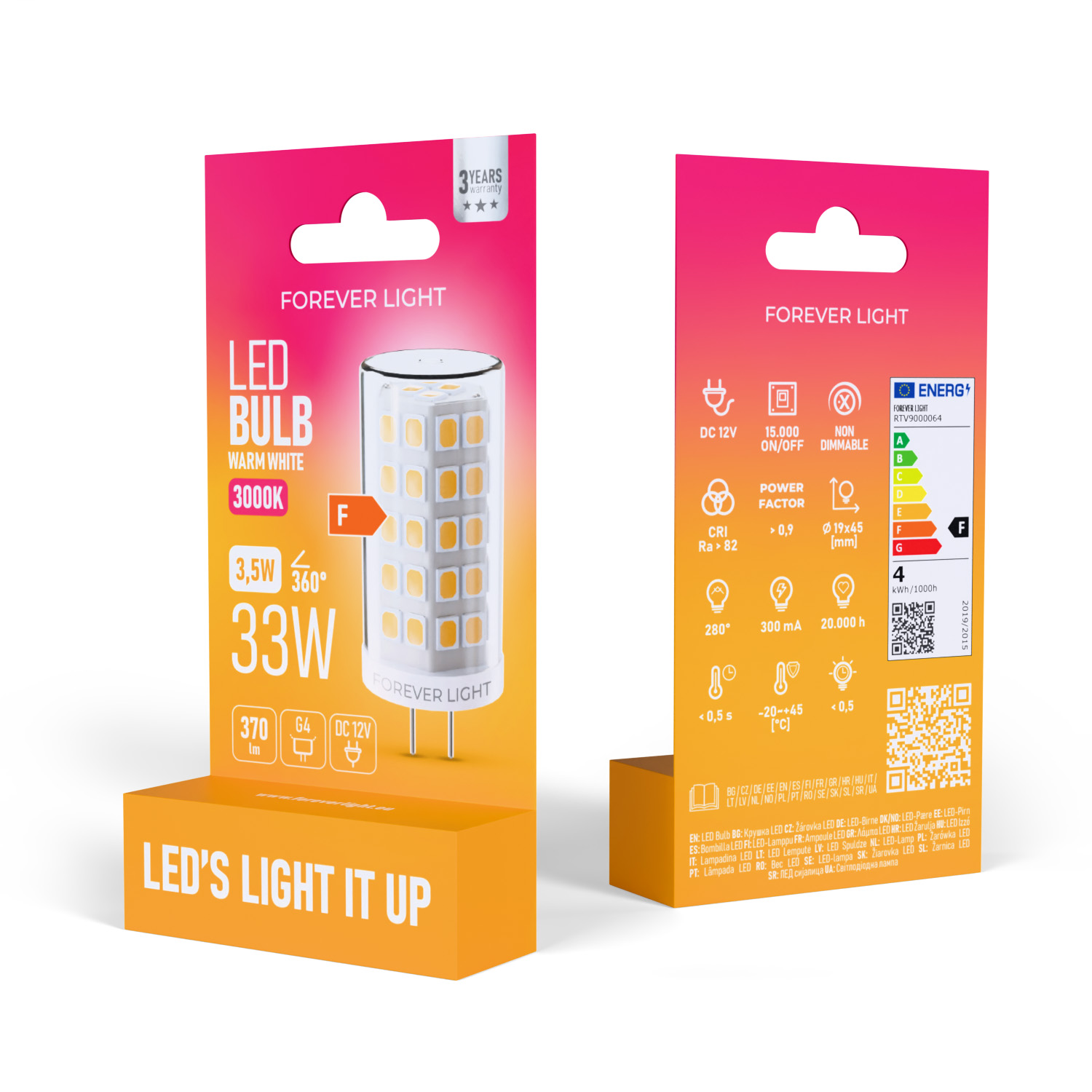 Verpackung einer LED-Lampe. Sie zeigt die Glühbirne, ihre Spezifikationen und ein Produktetikett mit Informationen.
