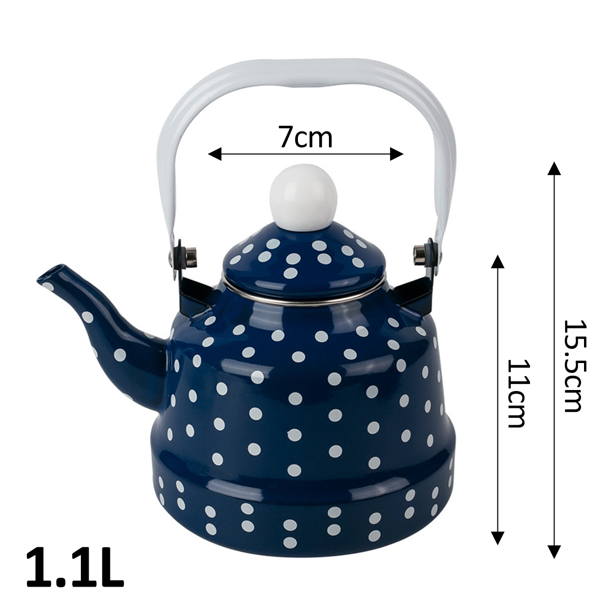 Ein blau gepunkteter Wasserkocher mit weißem Griff und Knopf. Abmessungen: 15,5 cm Höhe, 7 cm Breite und 1,1 l Fassungsvermögen.