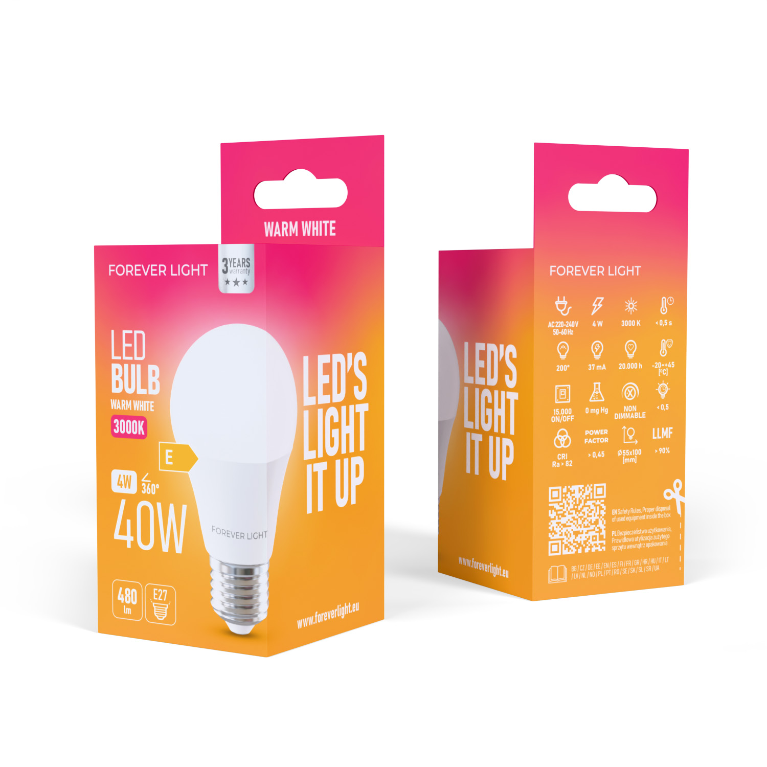 Eine weiße LED-Glühbirne und ihre Verpackung werden gezeigt. Die Verpackung hat orange und weiße Farben, und die Marke ist Forever Light.
