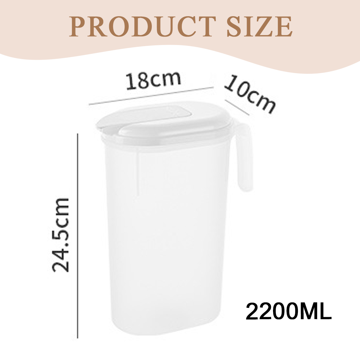 Weißer Krug mit Maßen: 18 cm Breite, 10 cm Höhe, 24,5 cm Länge und 2200 ml Fassungsvermögen. Produktgröße steht oben.