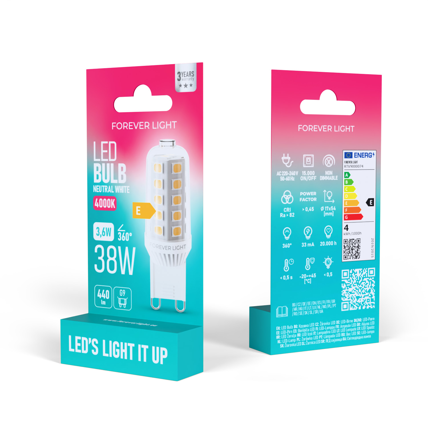 Eine Forever Light LED-Glühbirnenverpackung. Sie enthält Produktdetails, Energieeffizienz und 3 Jahre Garantie.
