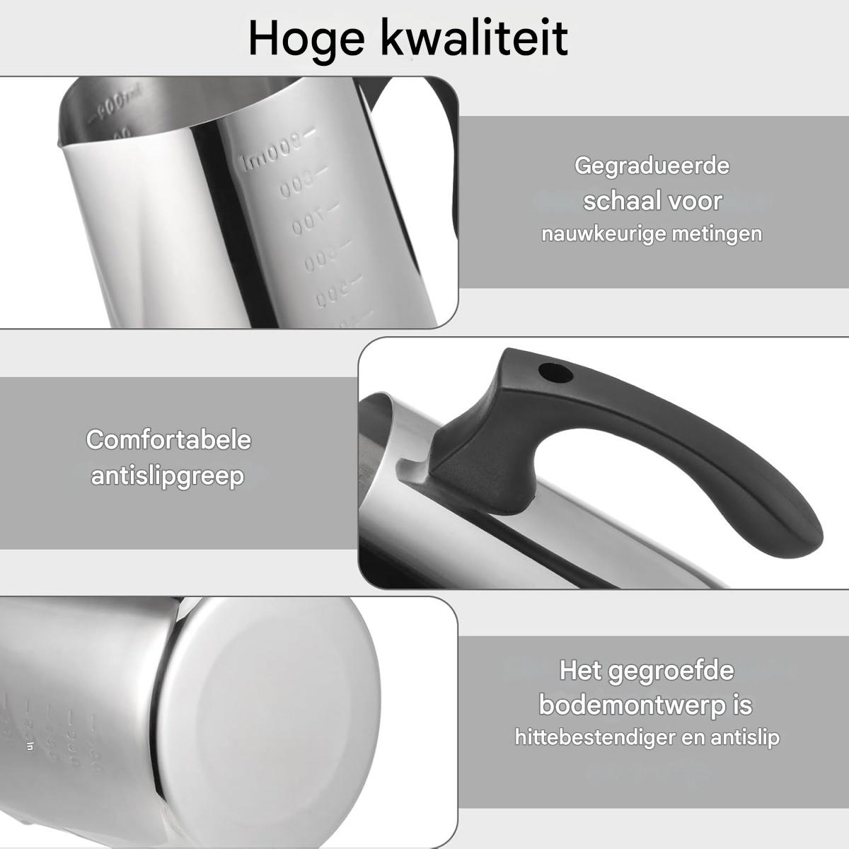 Nahaufnahme eines Messkrugs mit schwarzem Griff. Text hebt Merkmale wie graduierte Skala, Anti-Rutsch-Griff und Hitzebeständigkeit hervor.