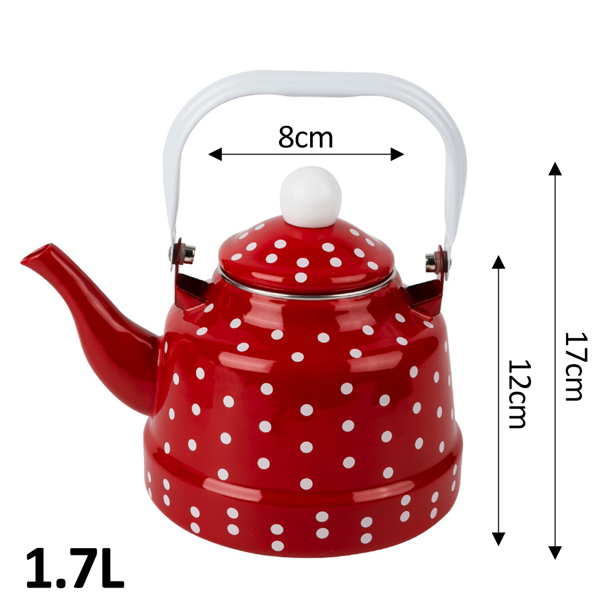 Ein roter Kessel mit weißen Punkten und weißem Griff und Deckel. Er ist 17 cm hoch und fasst 1,7 l. Die Griffbreite beträgt 8 cm, der Körper 12 cm.