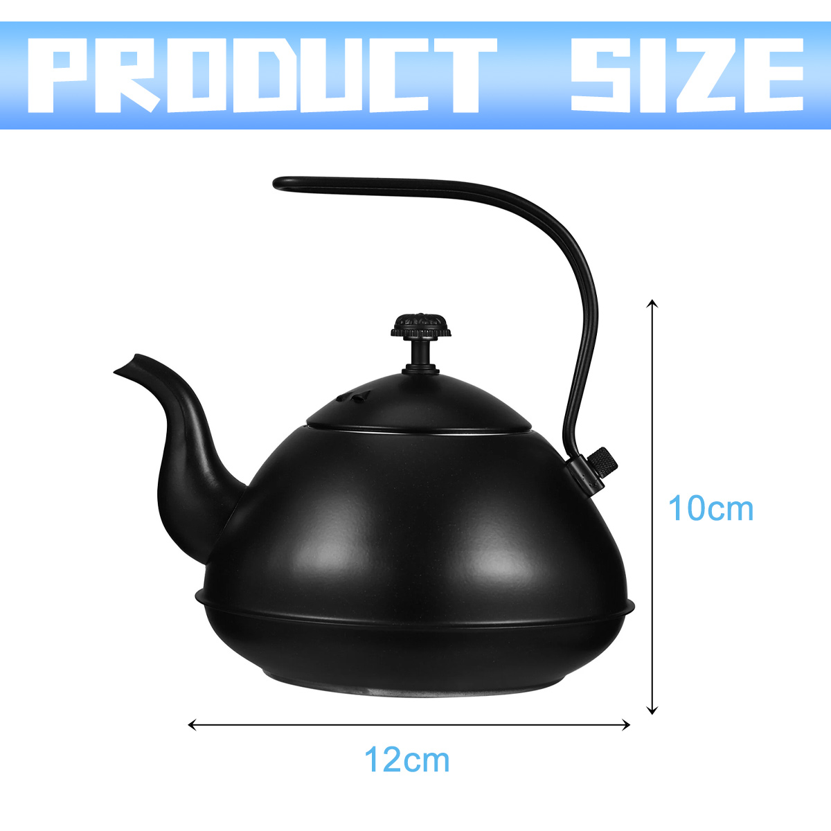 Ein schwarzer Wasserkocher mit gebogenem Griff und Ausguss. Er ist 12 cm breit und 10 cm hoch. Oben steht 'PRODUCT SIZE'.