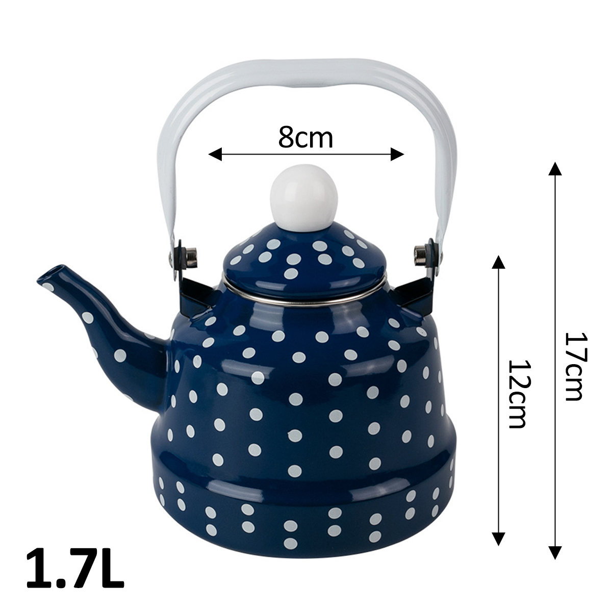 Ein blauer Wasserkocher mit weißen Punkten, einem weißen Griff und einem weißen Knopf oben. Er hat einen Ausguss und Maße von 8 cm, 12 cm und 17 cm.