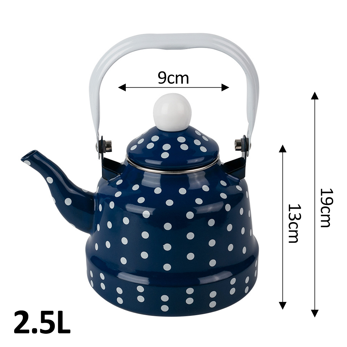 Blauer Wasserkocher mit weißen Punkten, Griff und Deckel. Er hat ein Fassungsvermögen von 2,5 l und ist 19 cm hoch. Der Griff ist 9 cm breit.