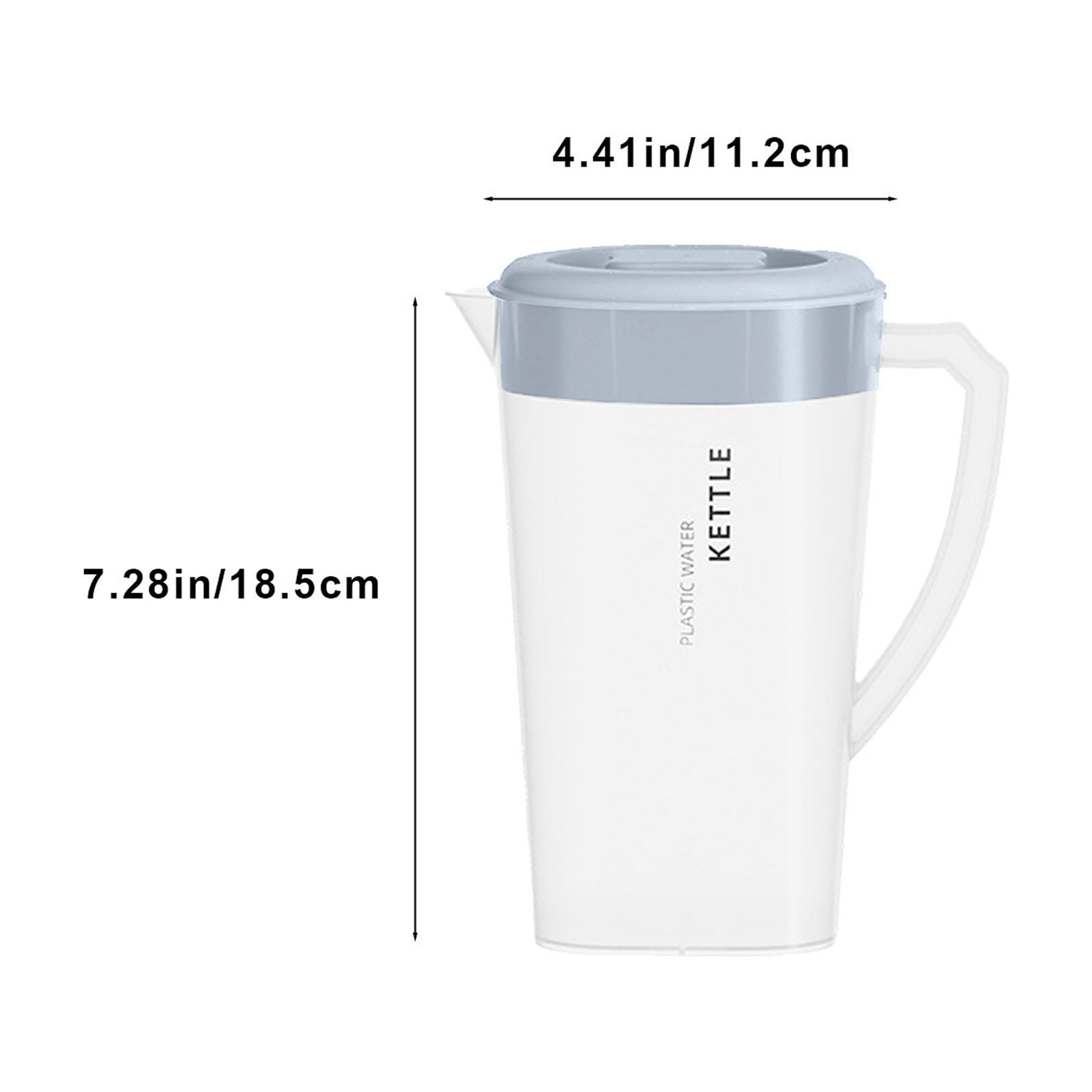 Weißer Wasserkessel aus Kunststoff mit grauem Deckel. Er hat einen Griff und die Maße 7,28 Zoll/18,5 cm und 4,41 Zoll/11,2 cm.
