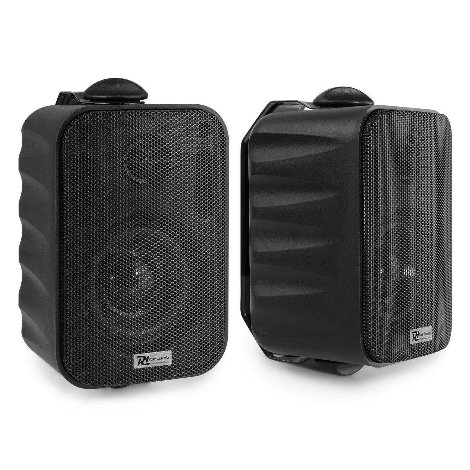 Dos altavoces negros rectangulares con frentes de malla. Cada uno tiene un asa superior y el logo Power Dynamics.