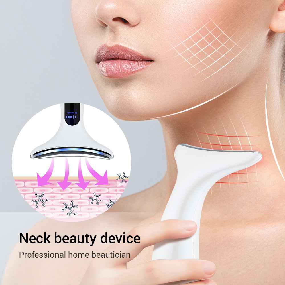 Der Hals einer Frau mit einem Schönheitsgerät wird gezeigt. Ein Diagramm zeigt, wie das Gerät funktioniert. Text: 'Neck beauty device'.