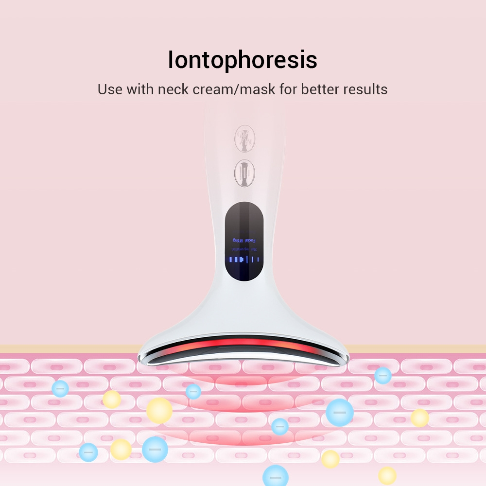 Ein weißes Iontophorese-Gerät mit Bildschirm über Hautzellen mit blauen und gelben Partikeln. Text: Iontophorese.