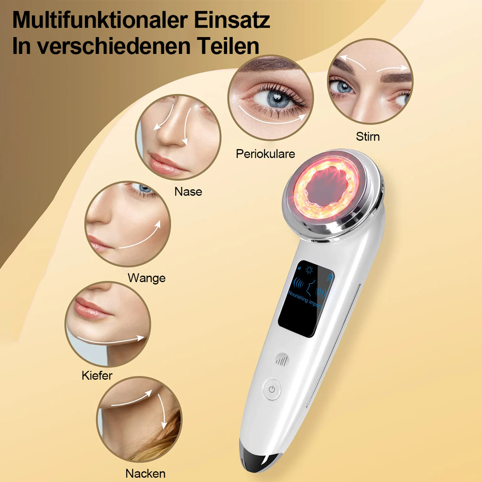 Das Bild zeigt ein Hautpflegegerät mit Gesichtsdiagrammen. Das Gerät hat ein rotes Licht und einen kleinen Bildschirm.