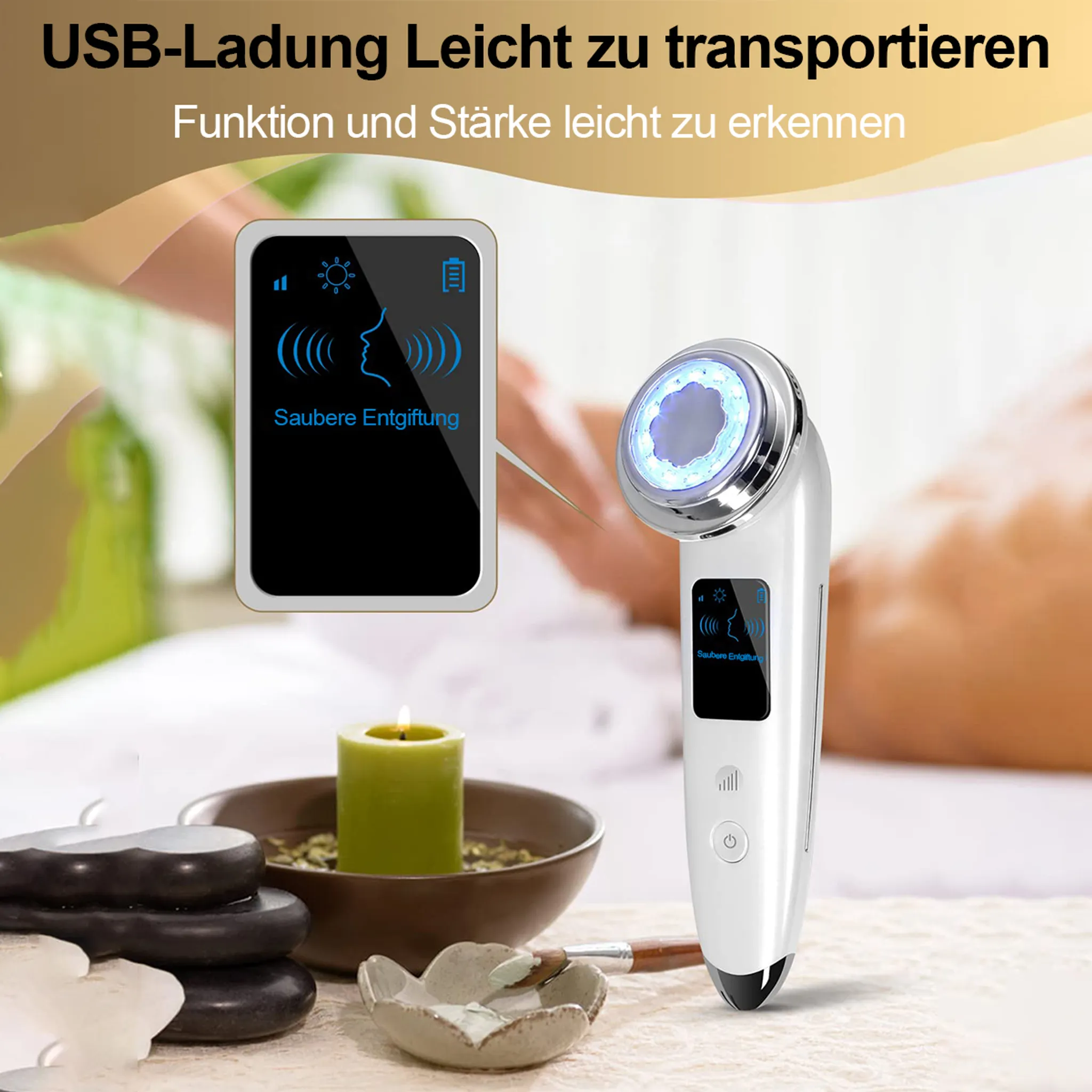 Ein weißes Schönheitsgerät mit blauem Licht. Das Gerät hat zwei Bildschirme, die Gesichtsreinigungssymbole zeigen.