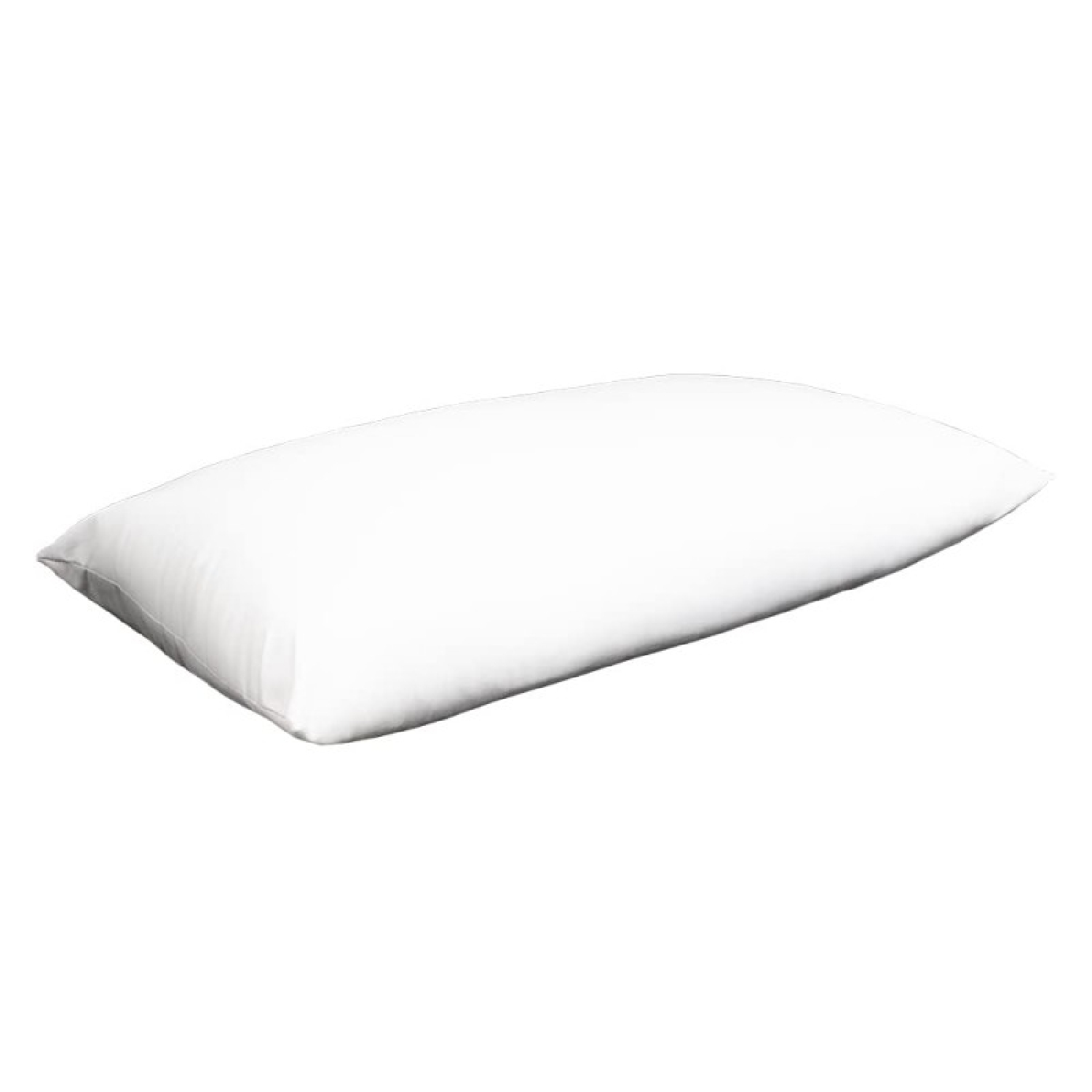Una almohada rectangular blanca sobre fondo blanco. La almohada es esponjosa y suave. La escena es sencilla y limpia.