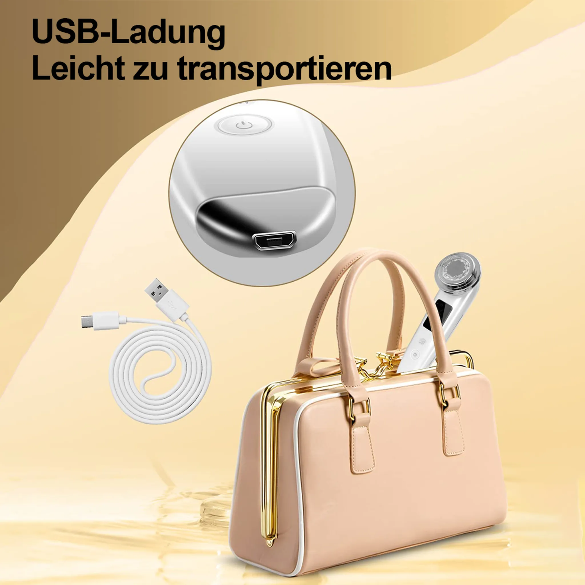 Ein weißes Gesichtspflegegerät in einer rosa Handtasche, ein USB-Kabel und ein eingesetztes Bild des Ladeanschlusses.