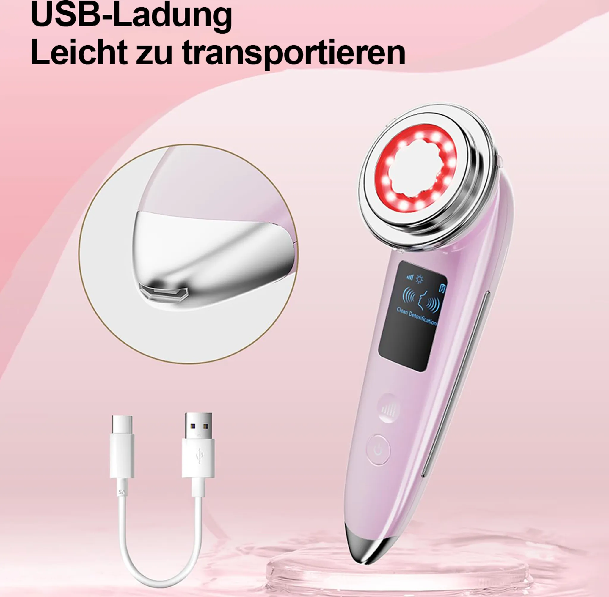 Ein rosa Gesichtsgerät mit rotem Licht, USB-Kabel und kleinem Bildschirm mit Einstellungen auf rosa Hintergrund.