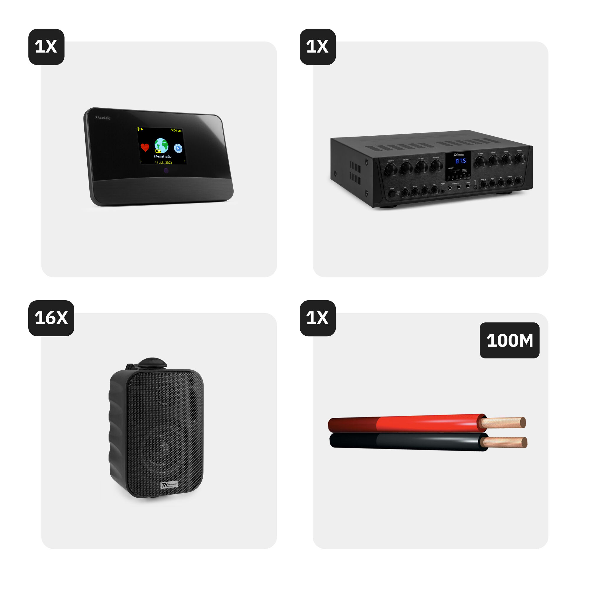 La imagen muestra una colección de equipos de audio que incluyen una radio inteligente, un amplificador, altavoces y cables.