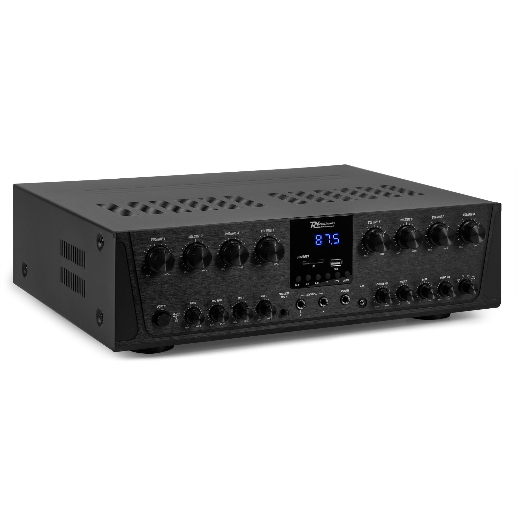 Amplificador de audio negro con perillas y una pantalla digital que muestra '87.5'. Controles e entradas visibles.