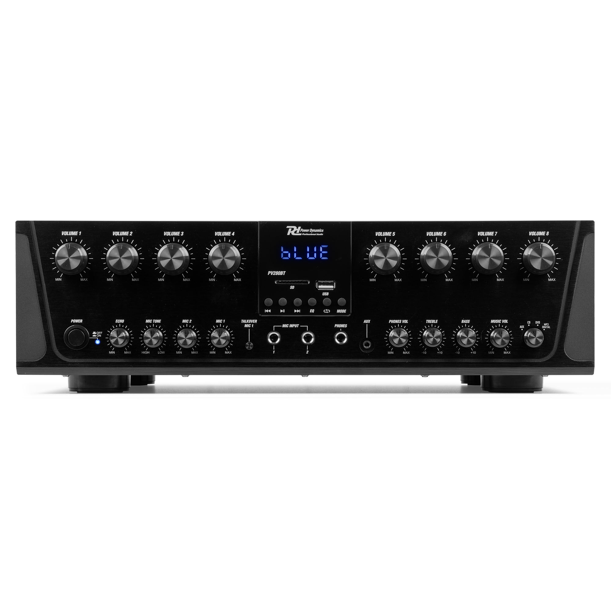 Un amplificador de audio negro con perillas, botones y una pantalla digital. La pantalla muestra 'BLUE'.