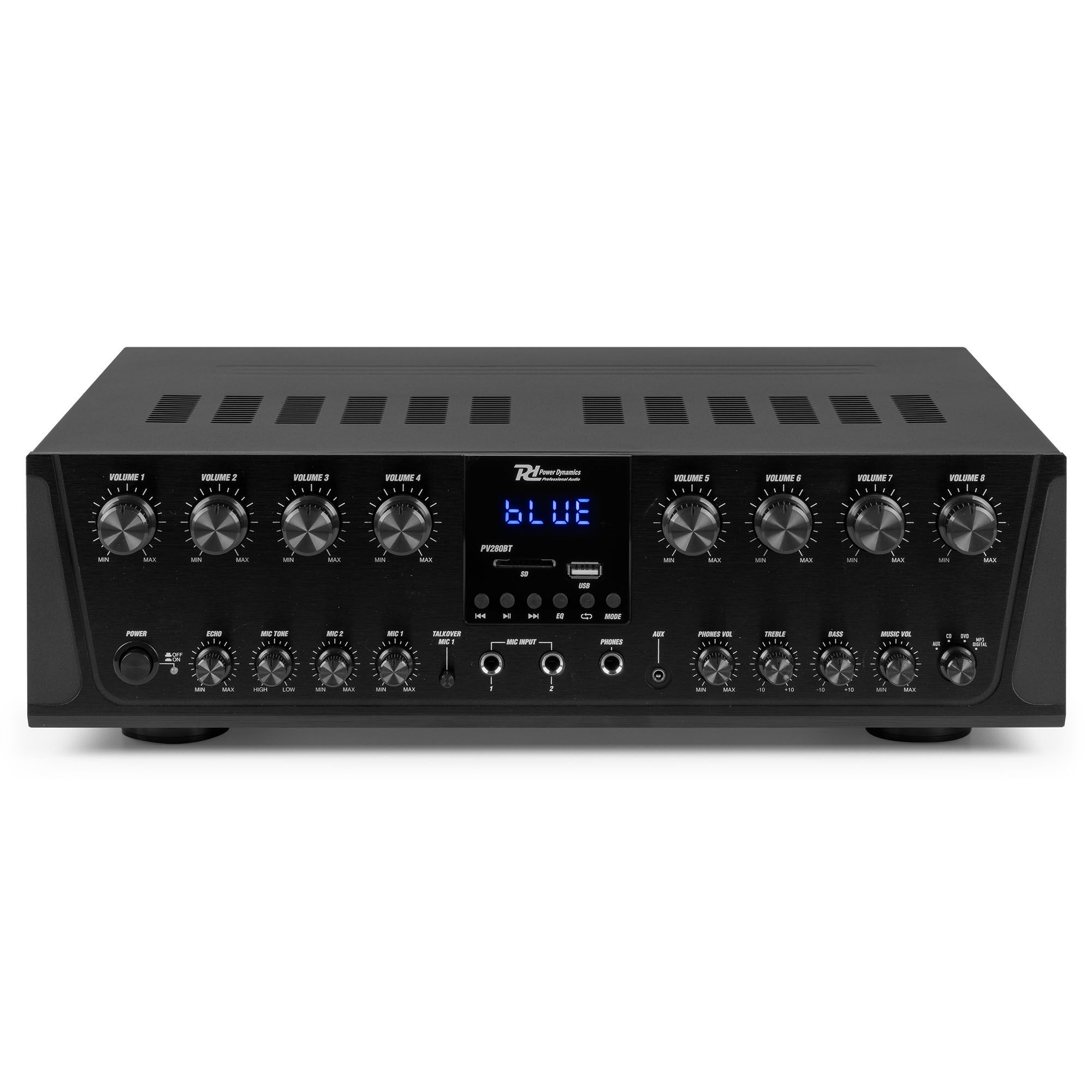 Amplificador de audio negro con múltiples perillas, botones y una pantalla digital azul. Tiene controles de volumen y opciones de entrada.