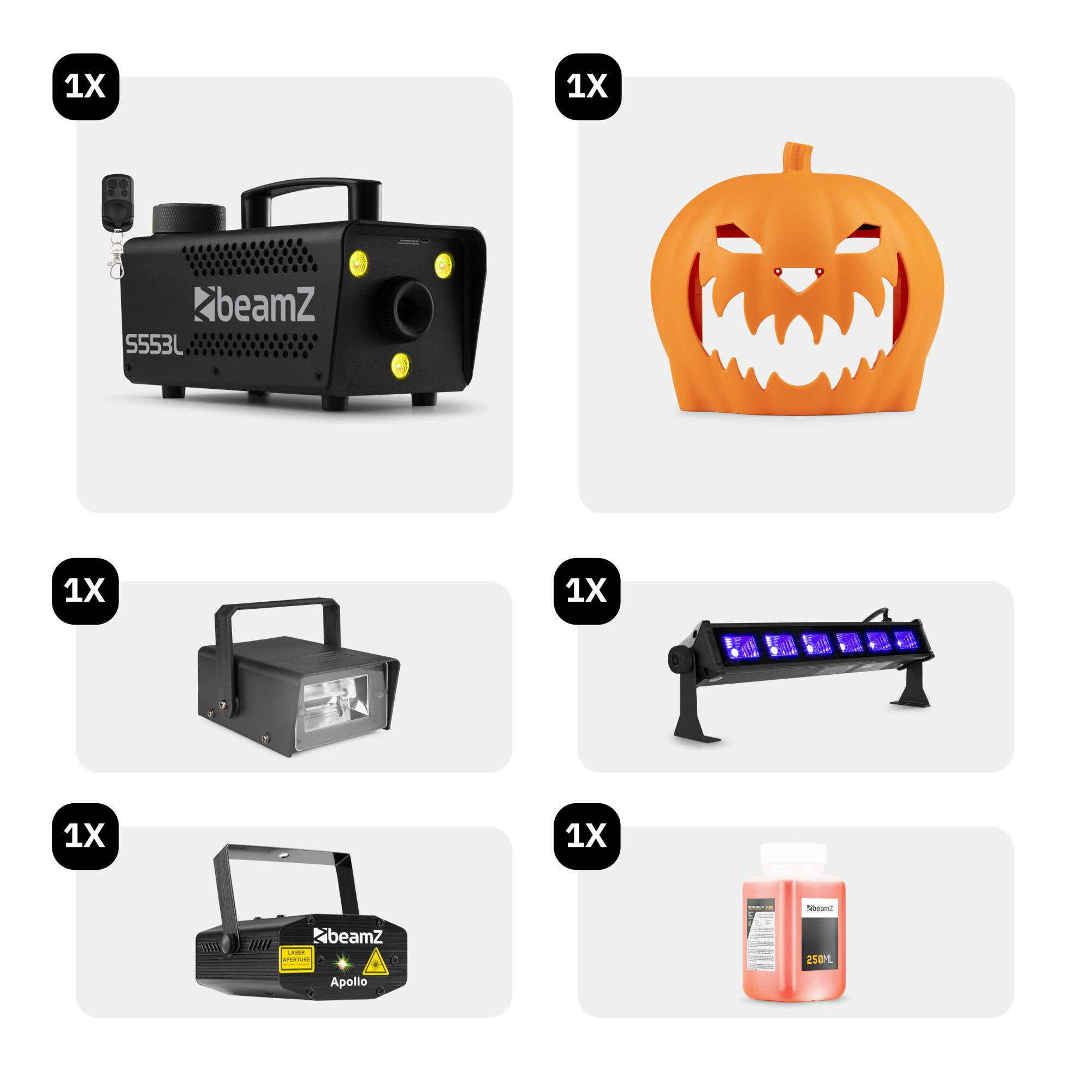 La imagen muestra seis productos: una máquina de humo, una calabaza, un estroboscopio, una barra de luces, un láser y líquido de humo.