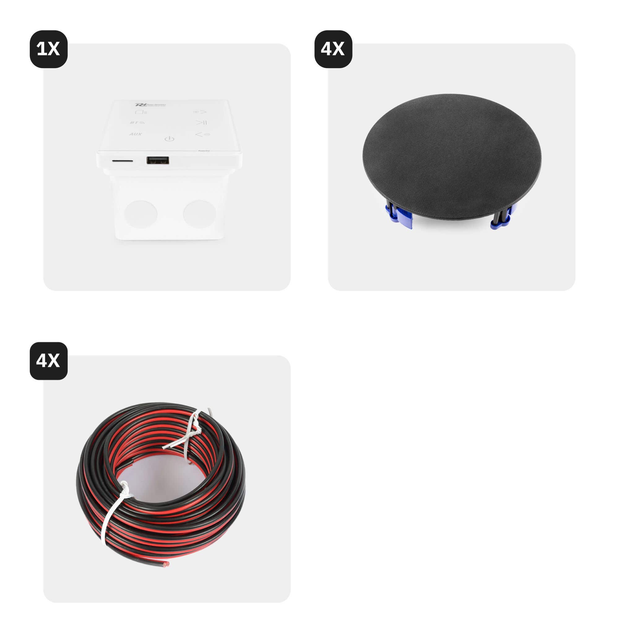 La imagen muestra equipos de audio. Incluye un dispositivo blanco, un altavoz negro y una bobina de cable rojo/negro.