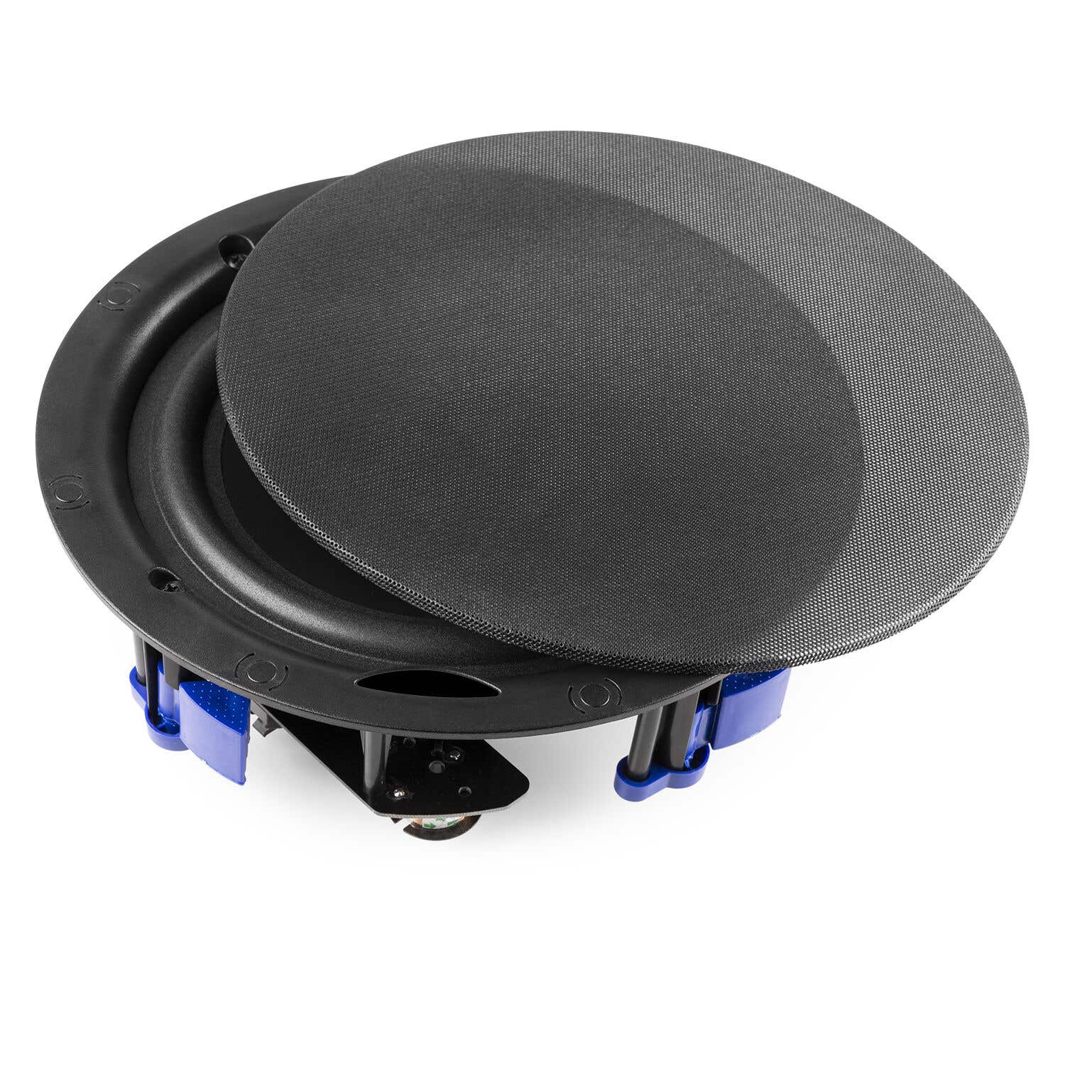 Un altavoz negro con una cubierta de malla redonda. El altavoz tiene clips azules y está sobre una superficie blanca.