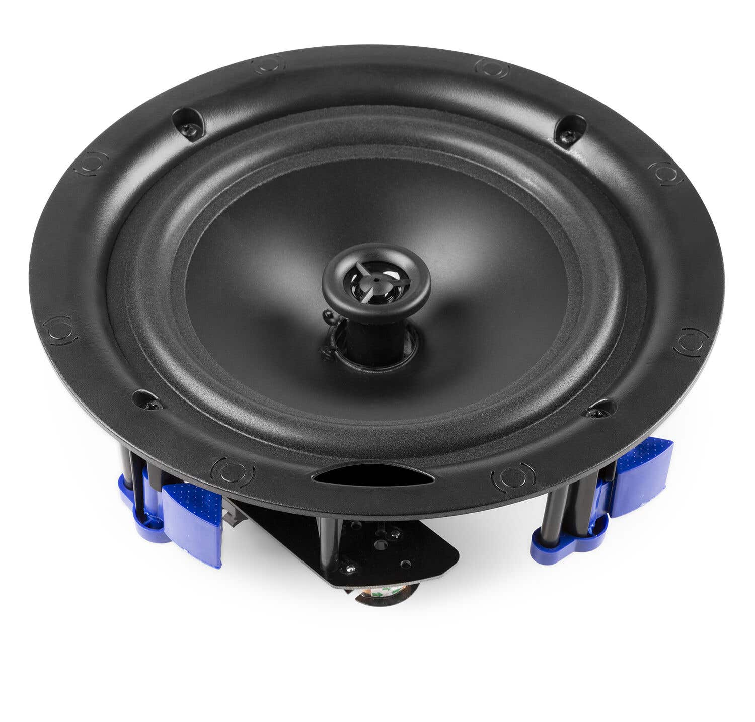 Un altavoz de techo negro con diseño circular. Tiene un cono central, un marco circundante y componentes de montaje azules.
