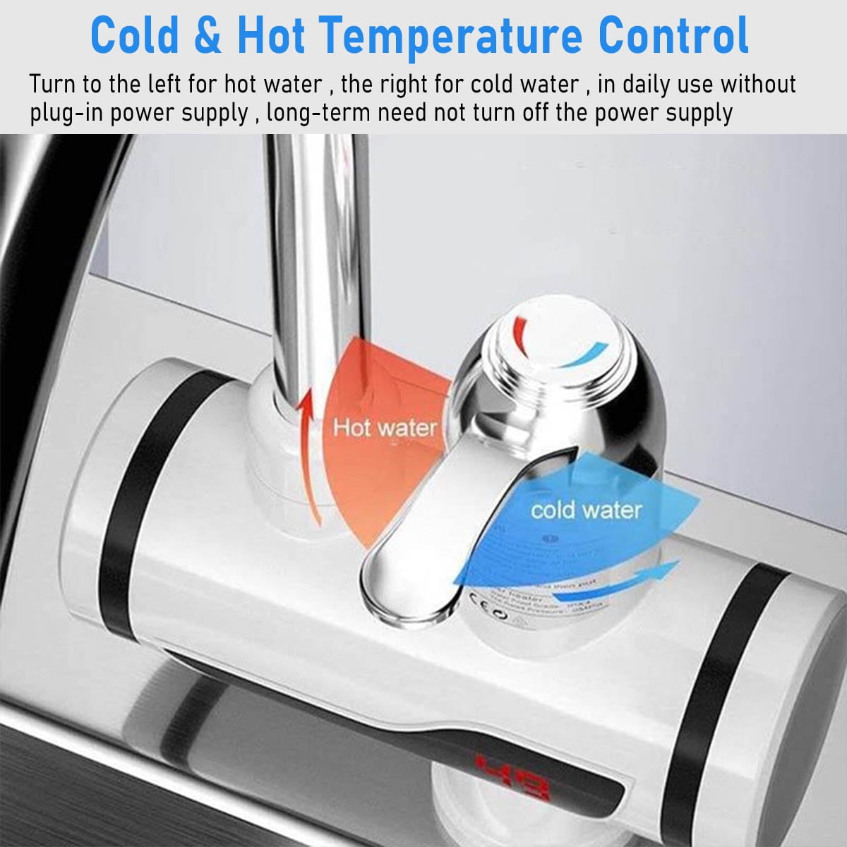Nahaufnahme eines Wasserhahns. Er hat Heiß- und Kaltwasseranzeigen. Der Text darauf lautet 'Cold & Hot Temperature Control'.