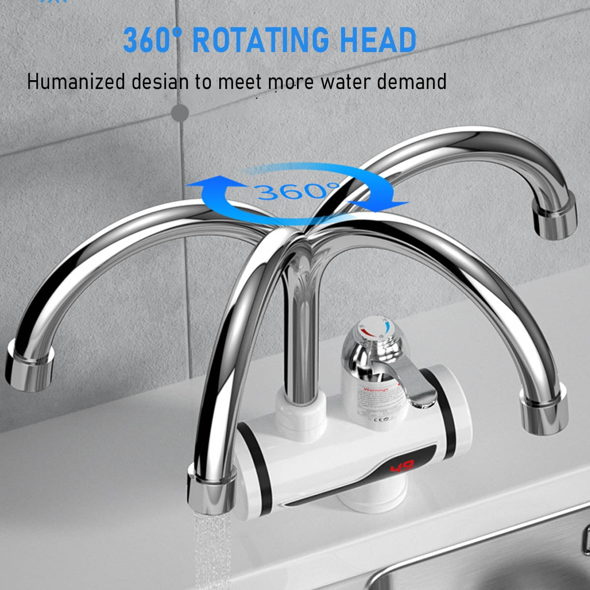 Ein verchromter Wasserhahn mit drehbarem Kopf. Wasser fließt aus dem Auslauf. Text zeigt 360° Drehung und humanisiertes Design.