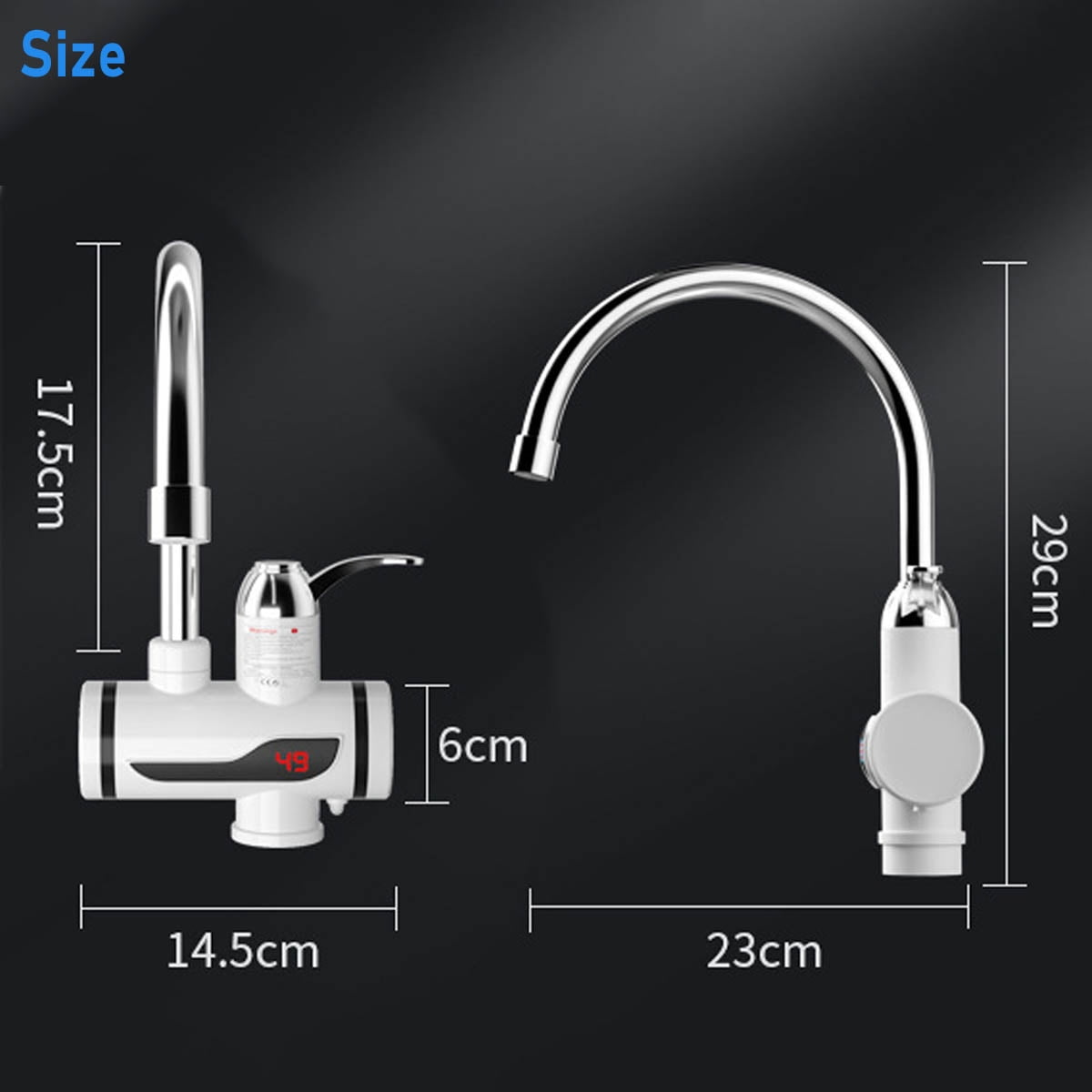 Ein weißer und silberner Wasserhahn mit Maßen. Der Wasserhahn hat zwei Teile, einen Hauptkörper und einen gebogenen Auslauf. Abmessungen sind angegeben.