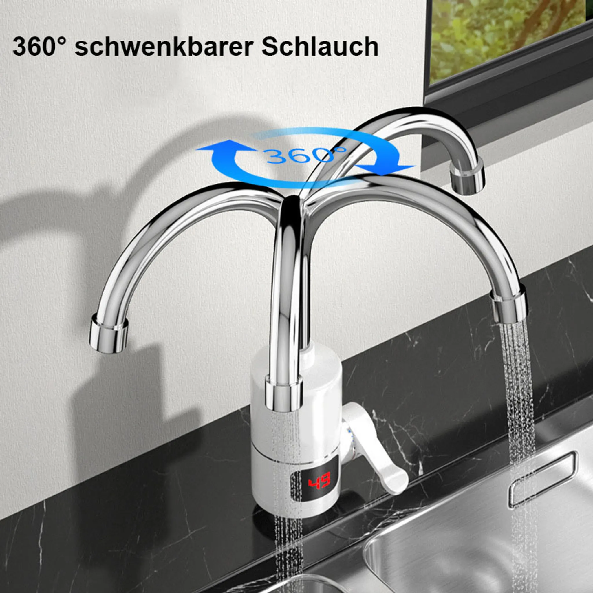 Ein verchromter Wasserhahn mit 360°-Schwenkfunktion. Wasser fließt in ein Edelstahlbecken. Eine Digitalanzeige zeigt die Temperatur.