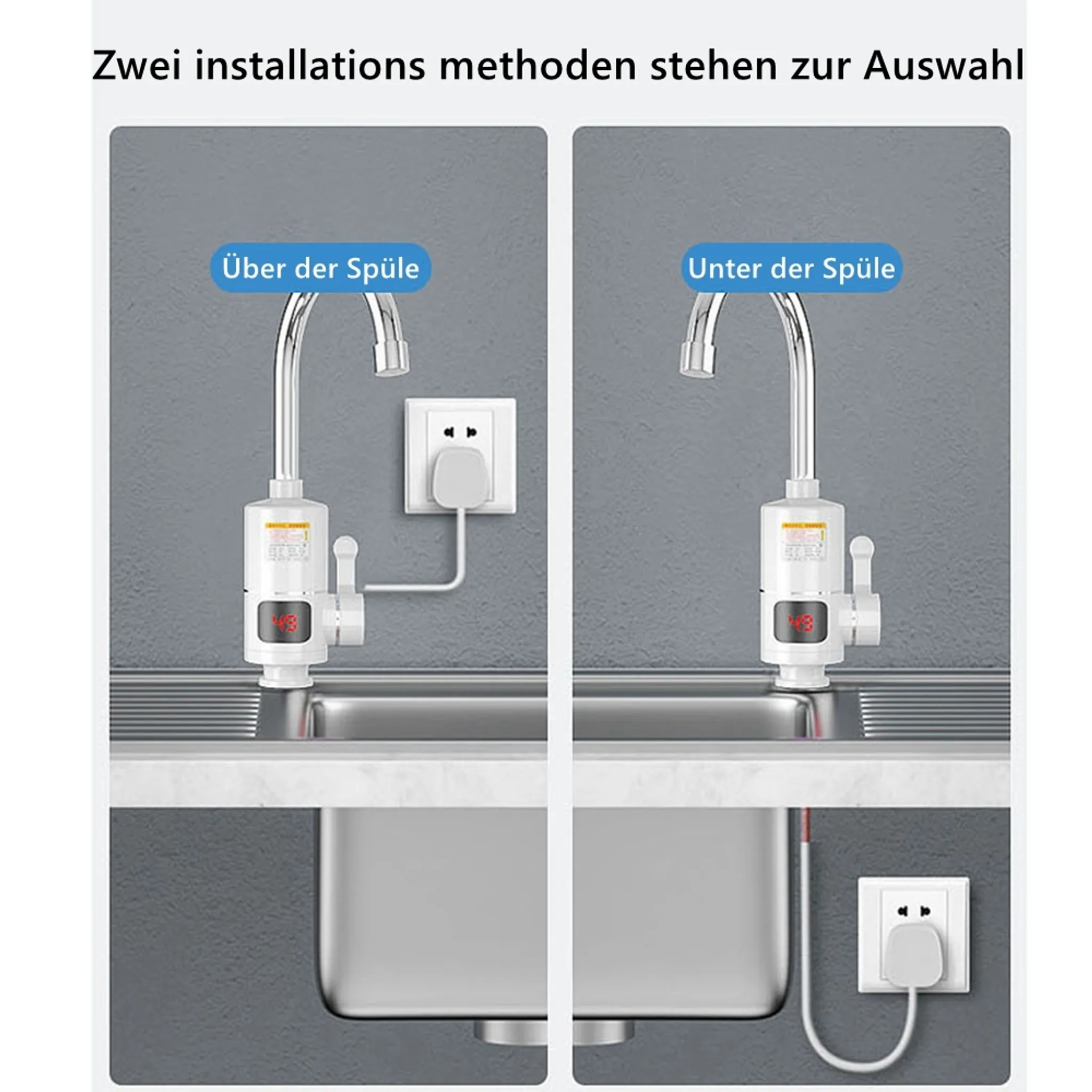 Zwei Installationsmethoden für einen Wassererhitzer: über und unter dem Waschbecken. Jede mit Wasserhahn, Heizung und Steckdose.