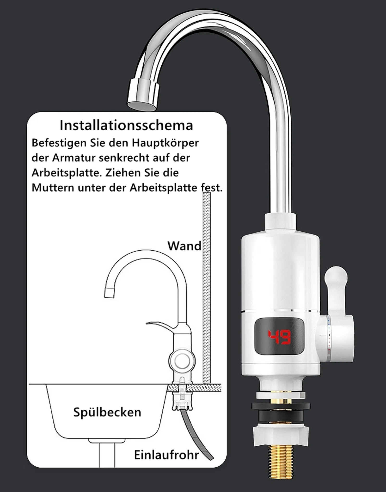 Diagramm eines Wasserhahn-Wasserheizers. Der Wasserhahn ist weiß und chromfarben. Anweisungen sind auf Deutsch.