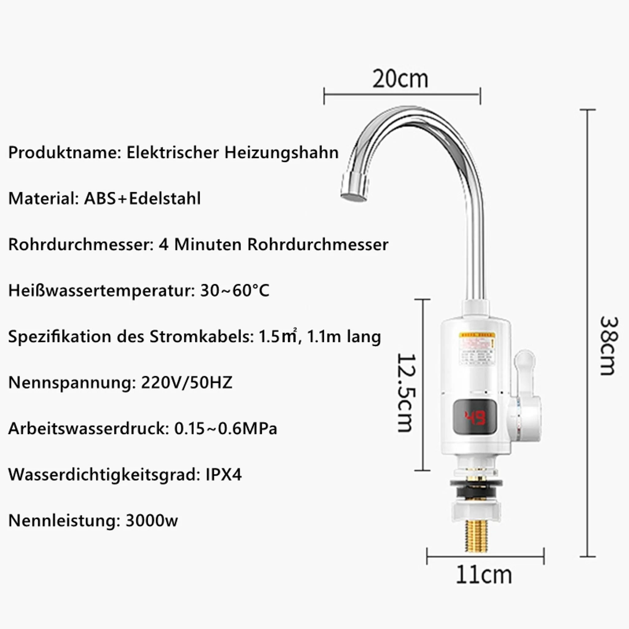 Elektrischer Heizungshahn mit Maßangaben. Details umfassen Temperaturbereich, Leistung und Spannung.