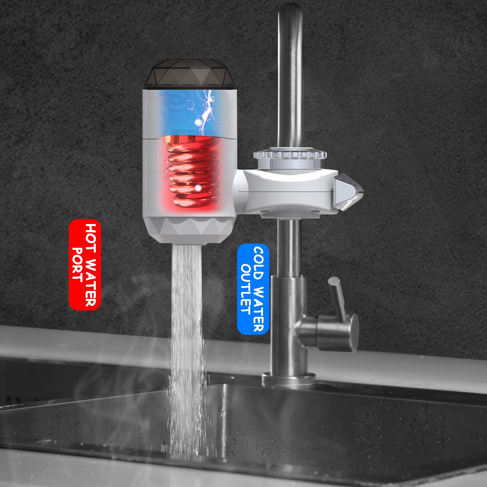 Ein Wasserhahn mit Heiß- und Kaltwasserauslässen. Eine rote Spule im Inneren des Wasserhahns erhitzt das Wasser. Wasser fließt heraus.