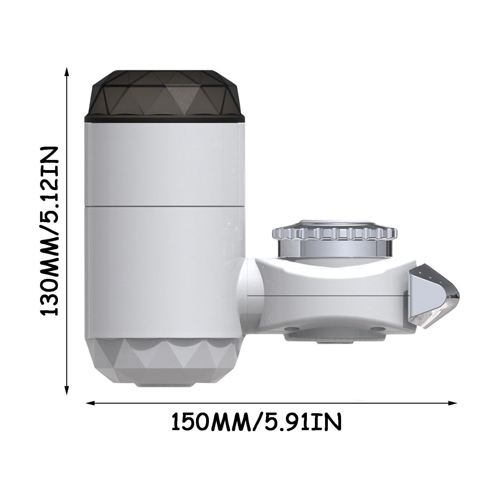 Ein weißer Wasserfilter mit dunkelgrauem Deckel und silberner Komponente, Abmessungen sind angegeben. Auf weißem Hintergrund.