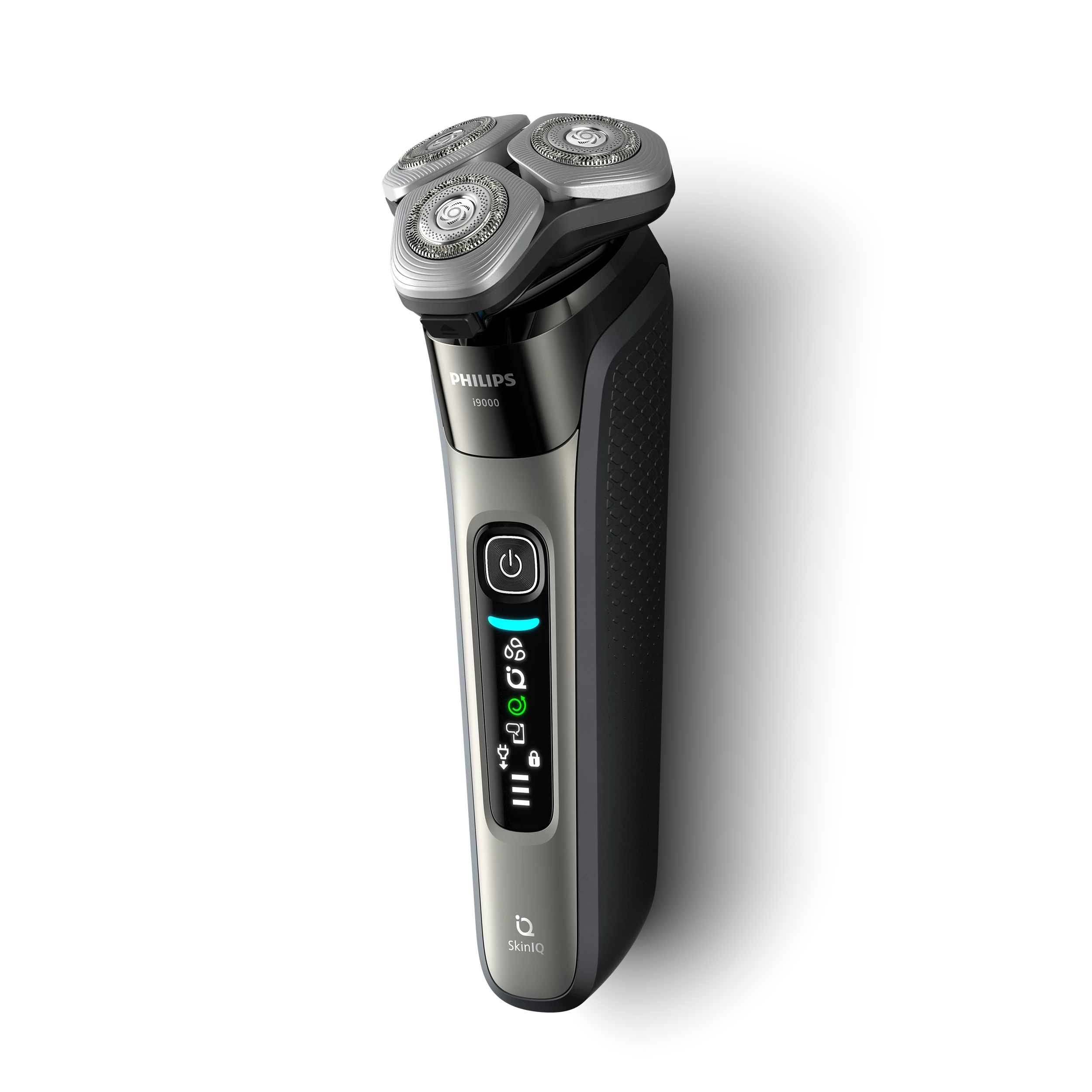 Un rasoio elettrico Philips con tre testine. Ha un corpo nero e argento con un pulsante di accensione.