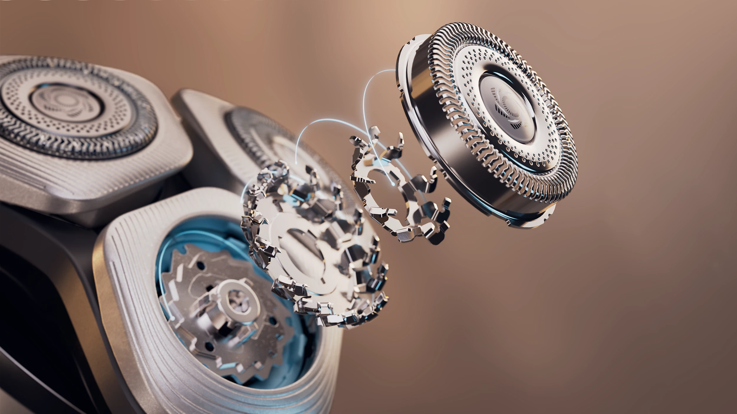 Primo piano di un rasoio elettrico smontato. Lame e componenti interni sono visibili, con accenti metallici e blu, su sfondo marrone.