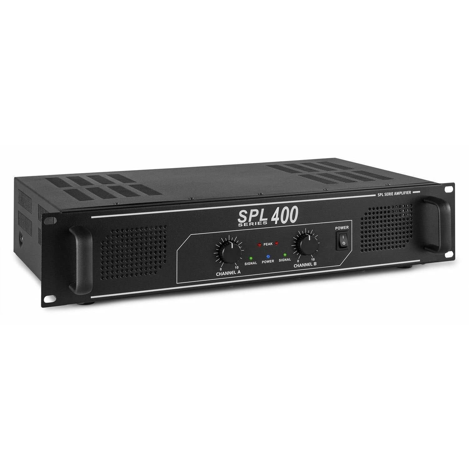 Un amplificador negro de la serie SPL 400 con perillas, botones e indicadores para los canales A y B. Tiene un interruptor de encendido.
