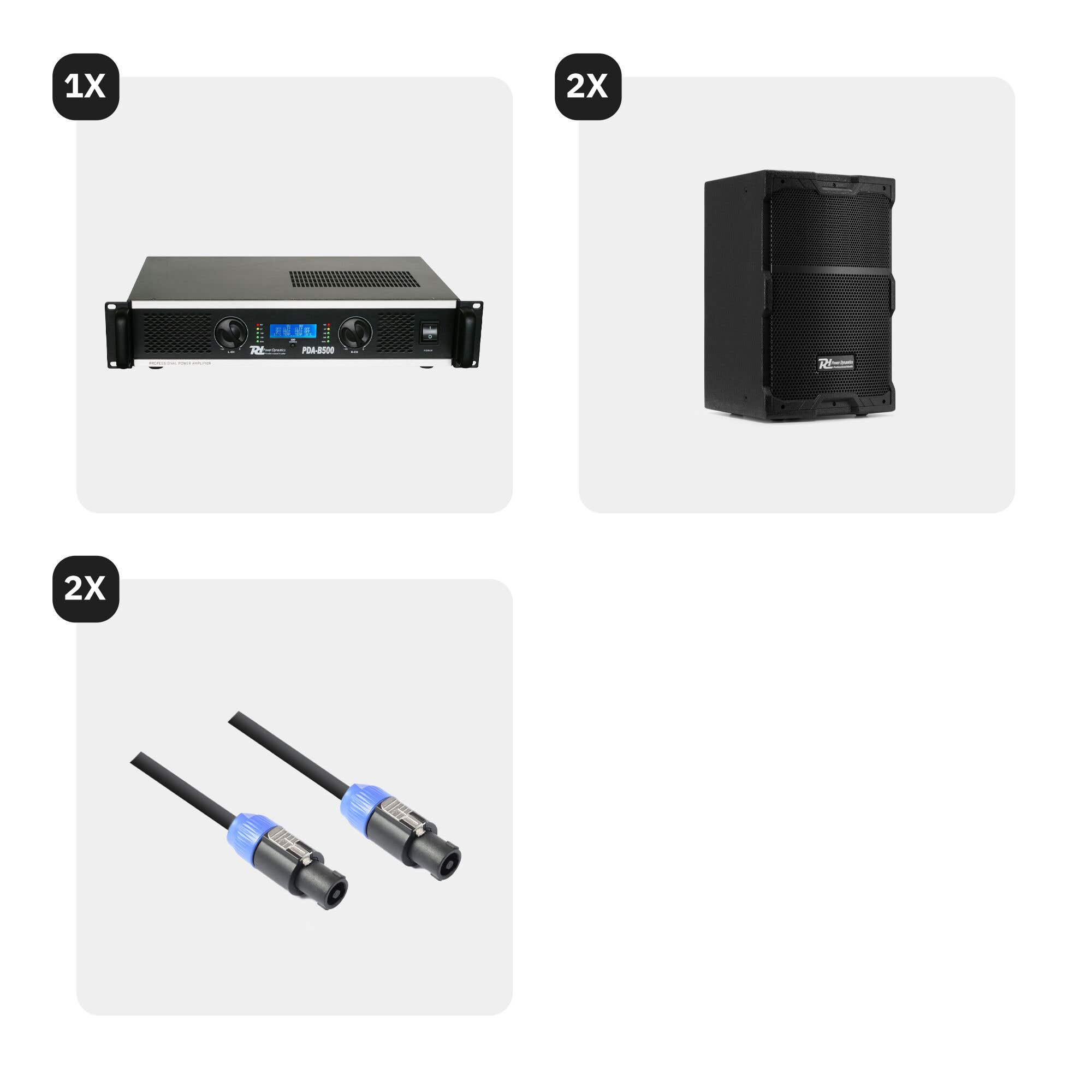 La imagen muestra equipos de audio: un amplificador de potencia, un altavoz y dos cables de altavoz con conectores azules.
