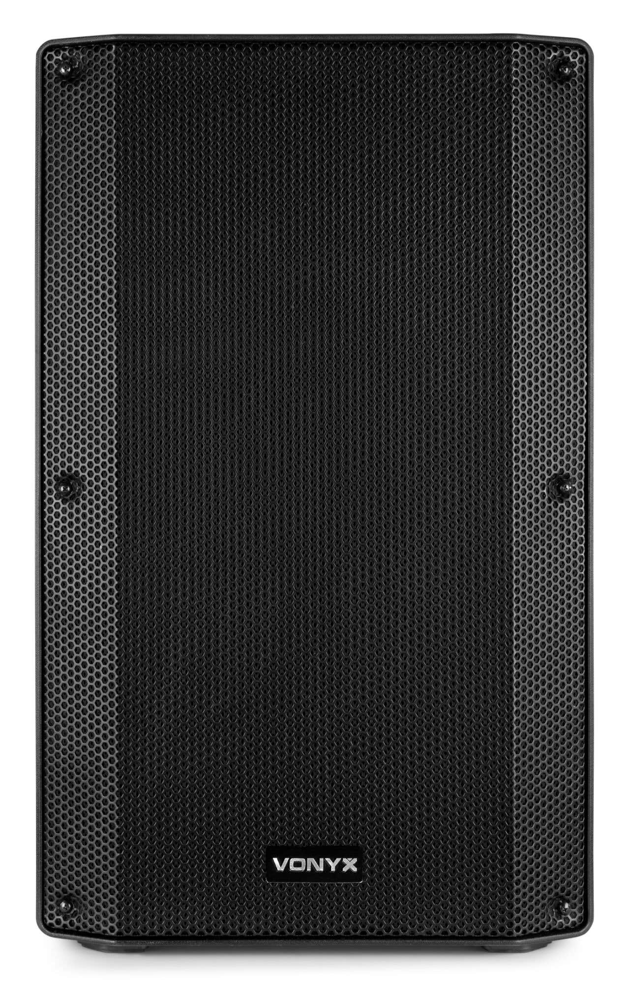 Altavoz negro con frontal de malla metálica. El logotipo de VONYX es visible en la parte inferior. Tornillos visibles.