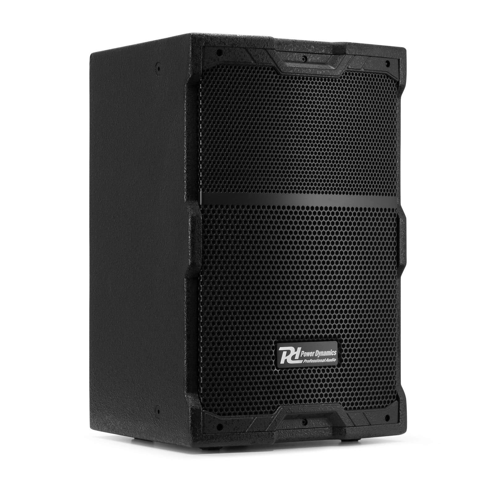 Altavoz negro con frente de malla. El logotipo de Power Dynamics está en la parte inferior derecha.